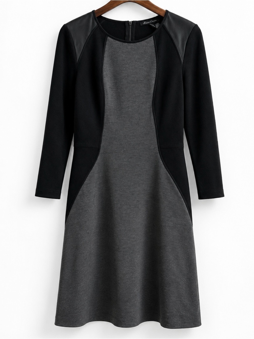 Kenneth Cole New York Black and Charcoal Panel Long-Sleeve A-Line Dress